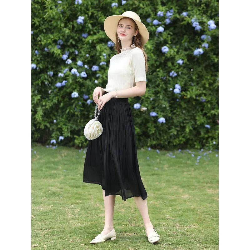 Hhomeenjoy Elegant Satin Pleated Midi Skirt for Effortless Summer Style