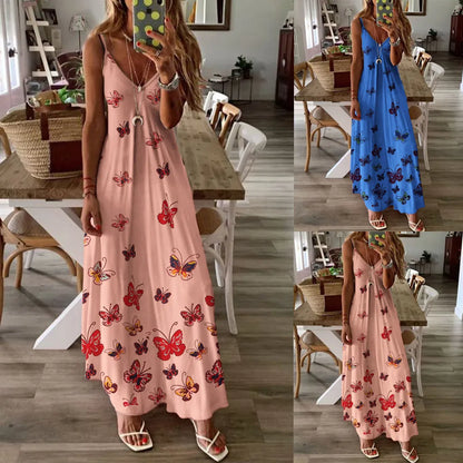 Stylish butterfly print high-waist dress with flowy, swing-style skirt and lightweight, breathable polyester fabric