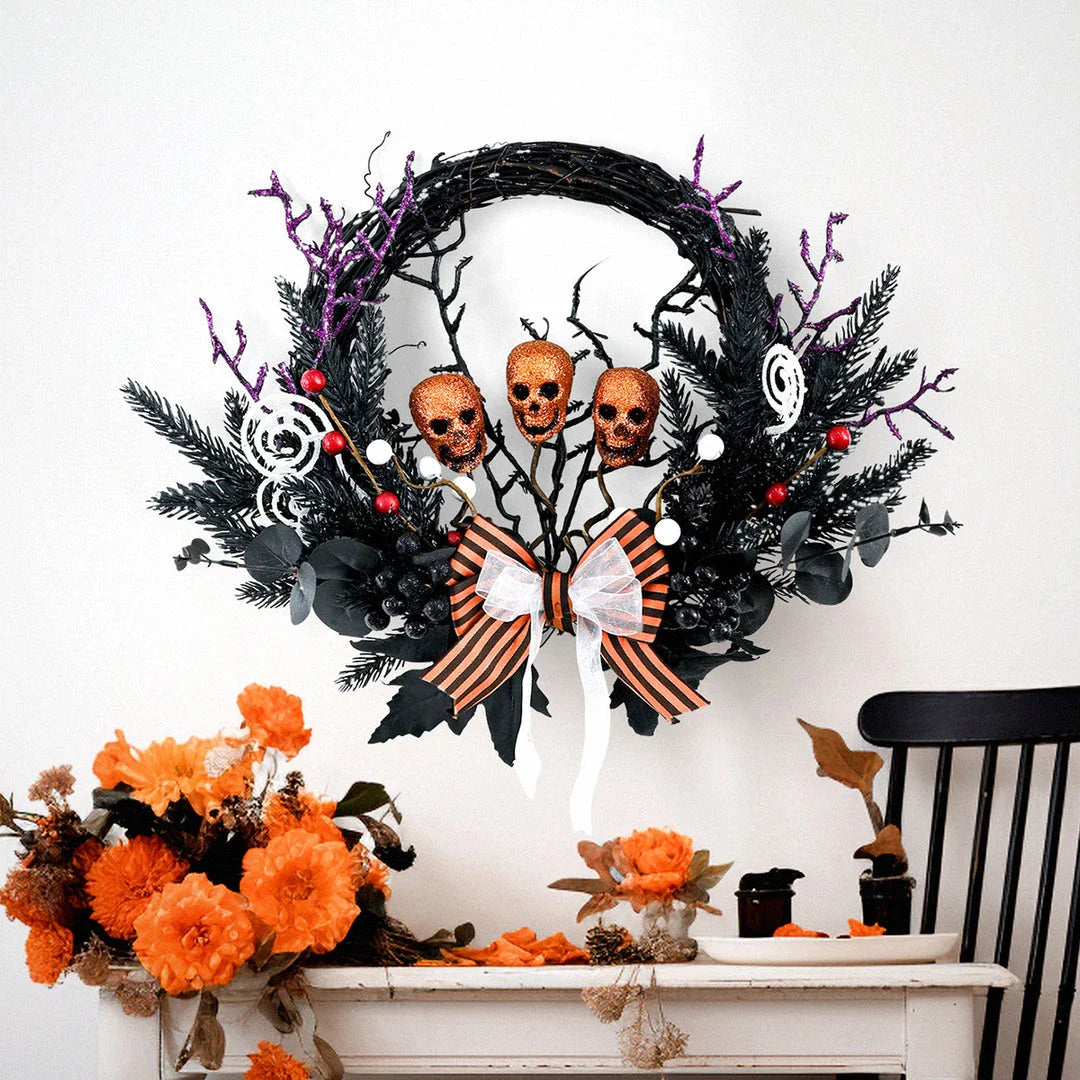 Spooktacular Halloween Skull Wreath with simulated yellow skulls, a chilling yet elegant addition to your holiday decor