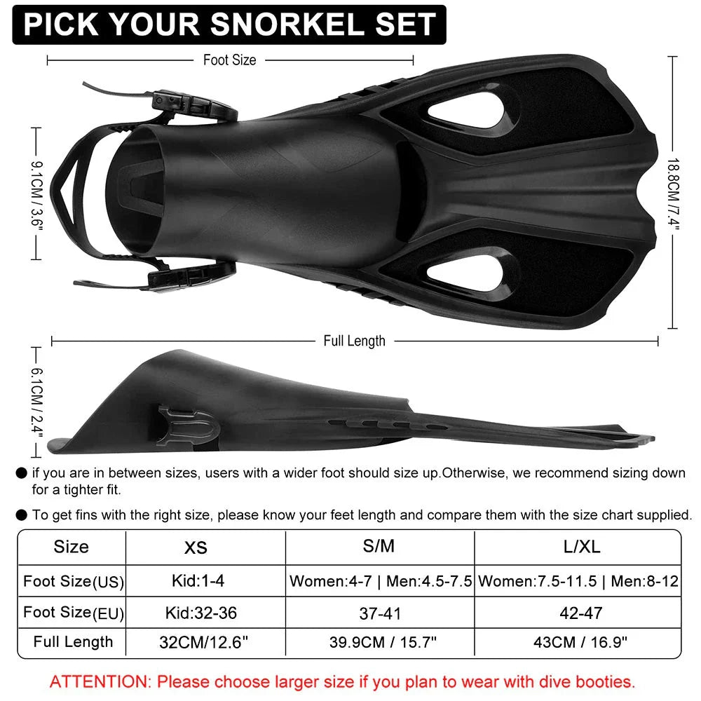 A pair of adjustable travel snorkel fins in various sizes and colors, perfect for underwater adventures and water sports.