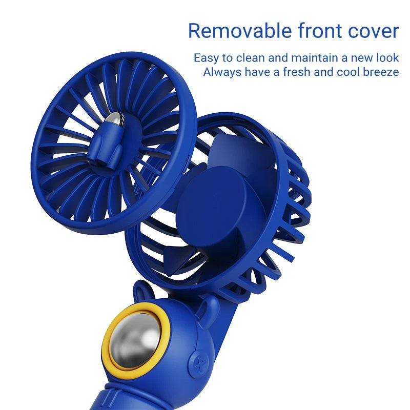 A compact, portable USB-rechargeable hand fan with three speed settings for efficient and quiet cooling.