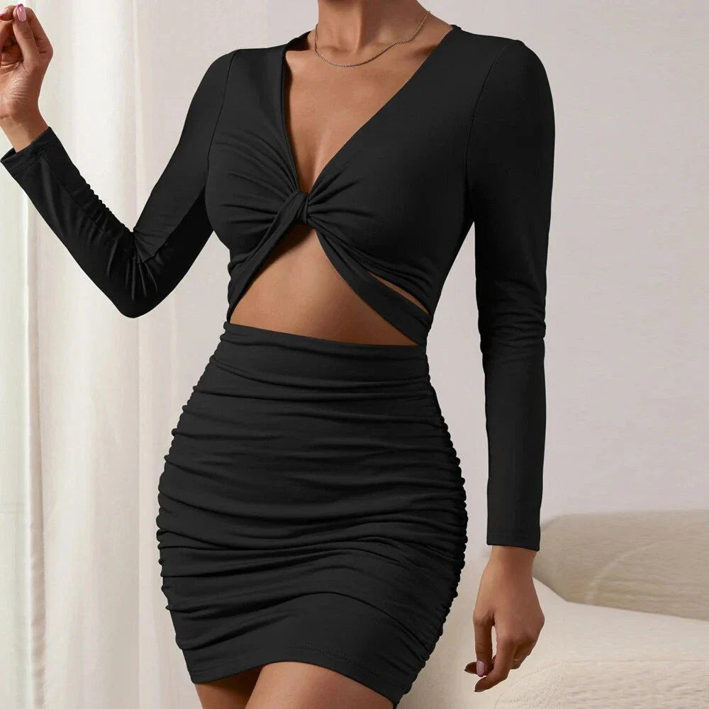 Autumn Ruffle Bodycon Mini Dress - Sophisticated pleated silhouette, chic V-neck, and unique hollow-out design for captivating elegance