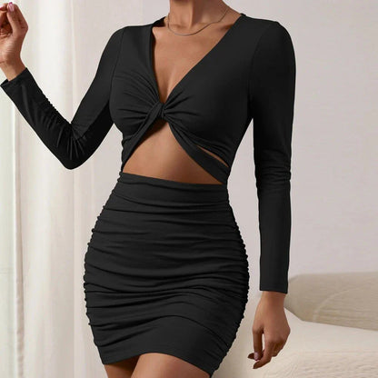 Autumn Ruffle Bodycon Mini Dress - Sophisticated pleated silhouette, chic V-neck, and unique hollow-out design for captivating elegance