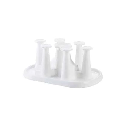 Flower-shaped mug holder rack in white, with 8 slots for organizing and displaying mugs on a kitchen countertop