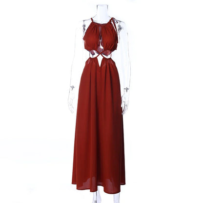 Elegant halter neck lace dress with a large, flowing swing skirt in a beautiful brick red color