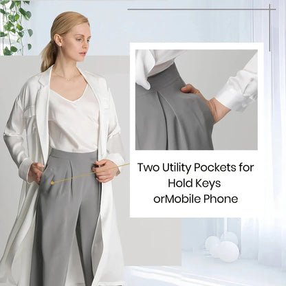 Elegant grey silk wide-leg pants with a high-waist design and concealed side zipper for a flattering, comfortable fit.