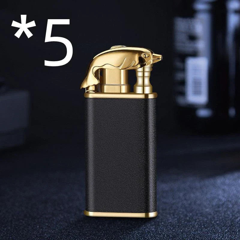 Multipurpose windproof lighter with a dragon or dolphin design, featuring a dual-flame and wind-resistant construction for versatile use.