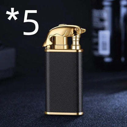 Multipurpose windproof lighter with a dragon or dolphin design, featuring a dual-flame and wind-resistant construction for versatile use.