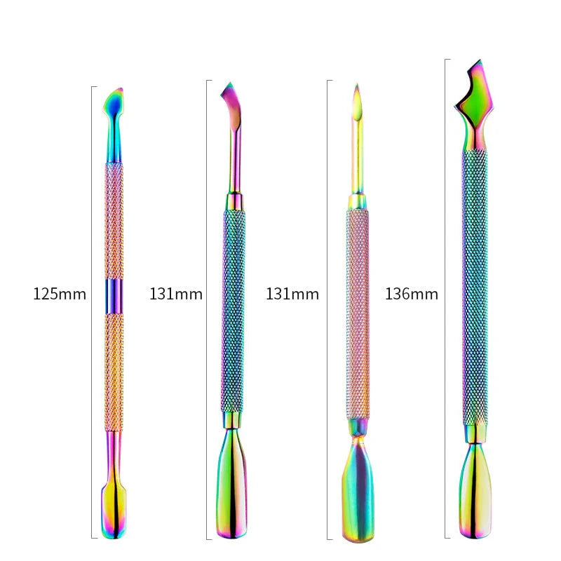 Premium stainless steel chameleon rainbow dual-ended cuticle pusher for salon-quality nail care at home