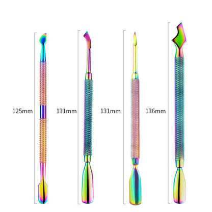 Premium stainless steel chameleon rainbow dual-ended cuticle pusher for salon-quality nail care at home