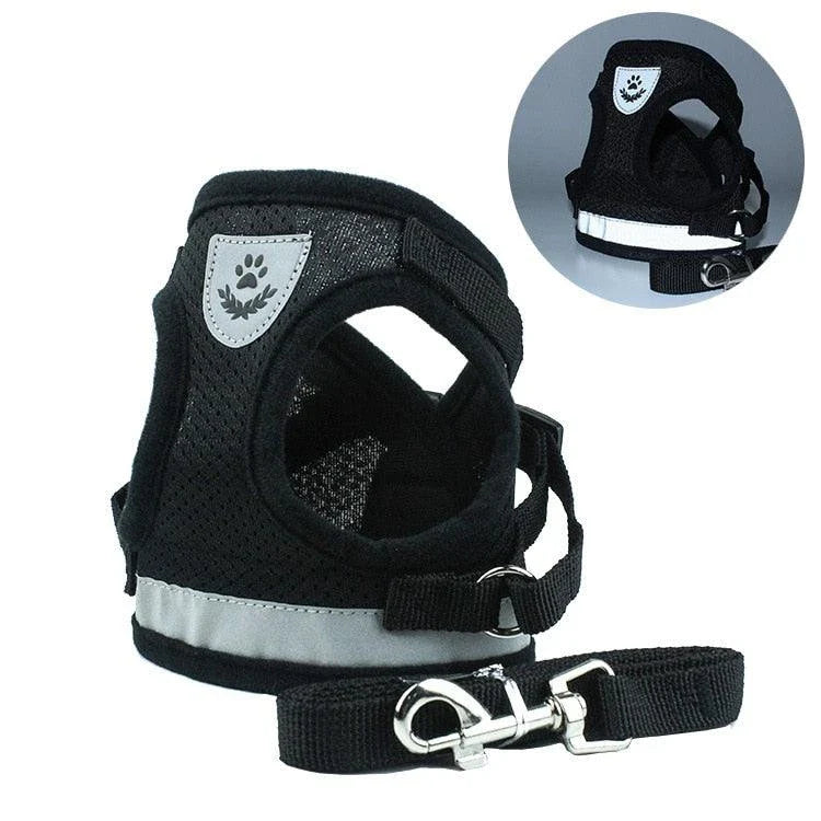 Adjustable reflective dog harness made of durable polyester material with reflective strips for enhanced visibility and safety during outdoor activities.