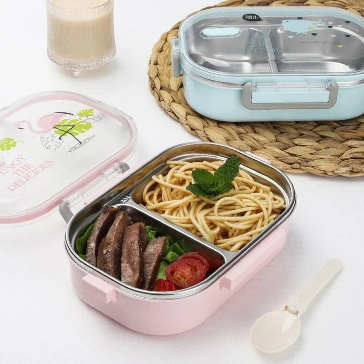 A pink stainless steel lunch box with a 650ml capacity, perfect for active kids on the go.