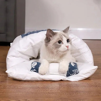 Cozy cat cave bed with a printed design, providing a plush and secure retreat for your feline friend.