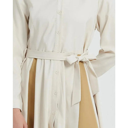 Elegant beige A-line dress with long sleeves, turn-down collar, and included belt for a flattering silhouette