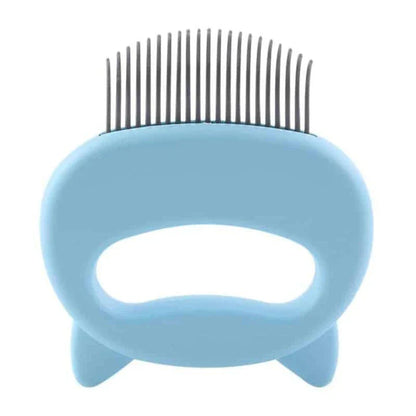A blue pet grooming brush with a curved design, designed to gently massage and remove loose hair from your pet's coat.