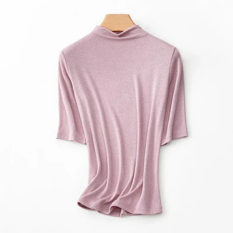 Women's Mock Neck Wool Blend T-Shirt in Pink by Trendha, featuring a sleek silhouette and classic design for elegant, comfortable wear.