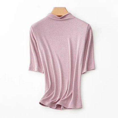 Women's Mock Neck Wool Blend T-Shirt in Pink by Trendha, featuring a sleek silhouette and classic design for elegant, comfortable wear.