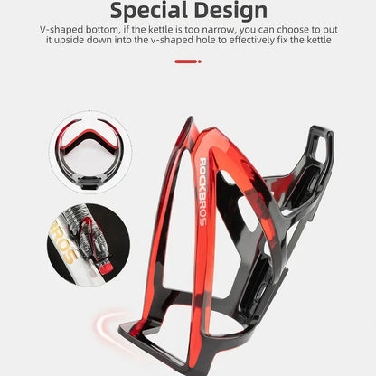 A stylish, lightweight cycling bottle holder with a two-tone design, securely holding a water bottle on a bike.