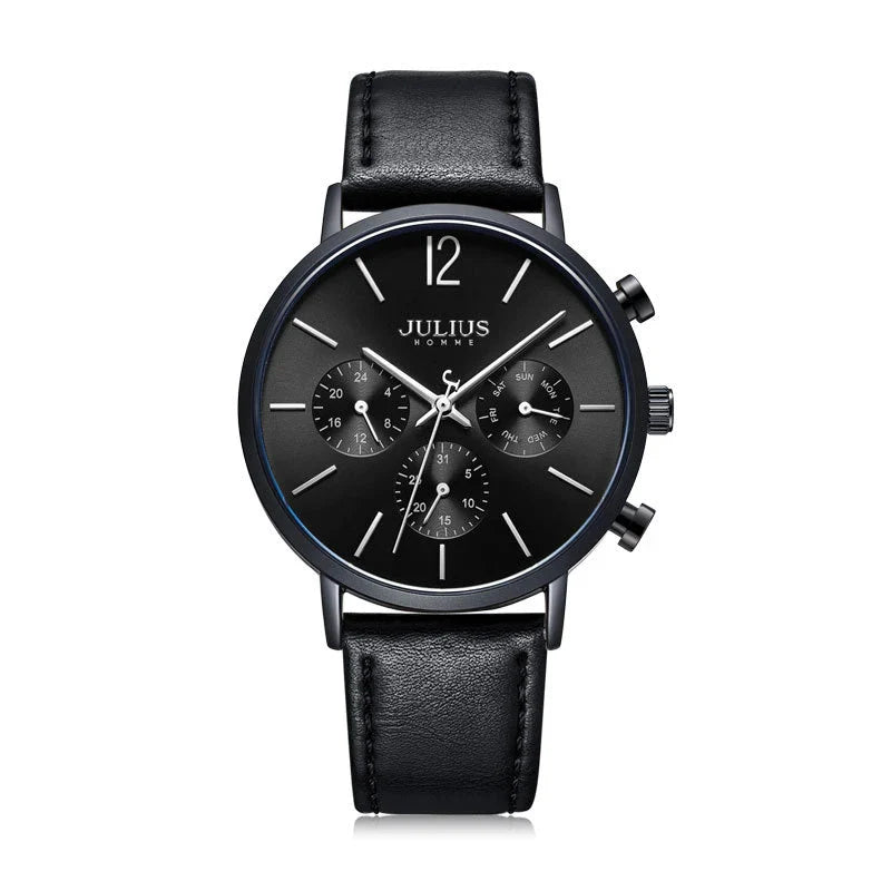 A sophisticated multi-function quartz watch with a sleek design, water-resistant construction, and versatile features.
