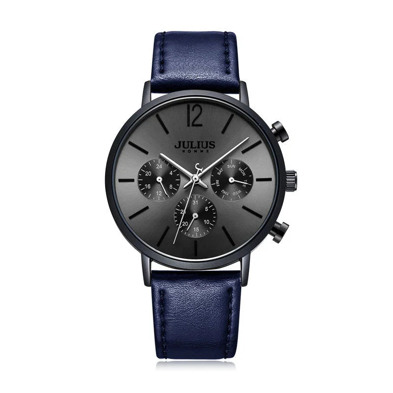 A sophisticated multi-function quartz watch with a sleek design, water-resistant construction, and versatile features.