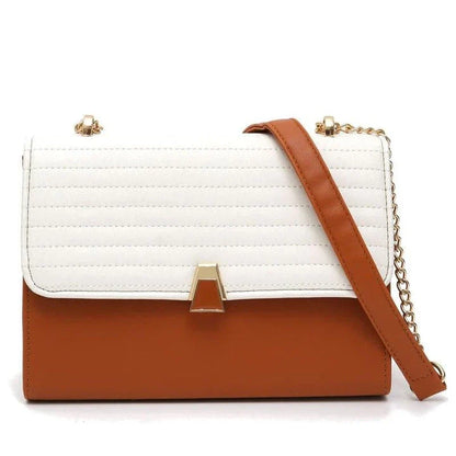 Color Block Quilted Vegan Leather Fashion Shoulder Bag in Orange with Decorative Lock and Chain Detail