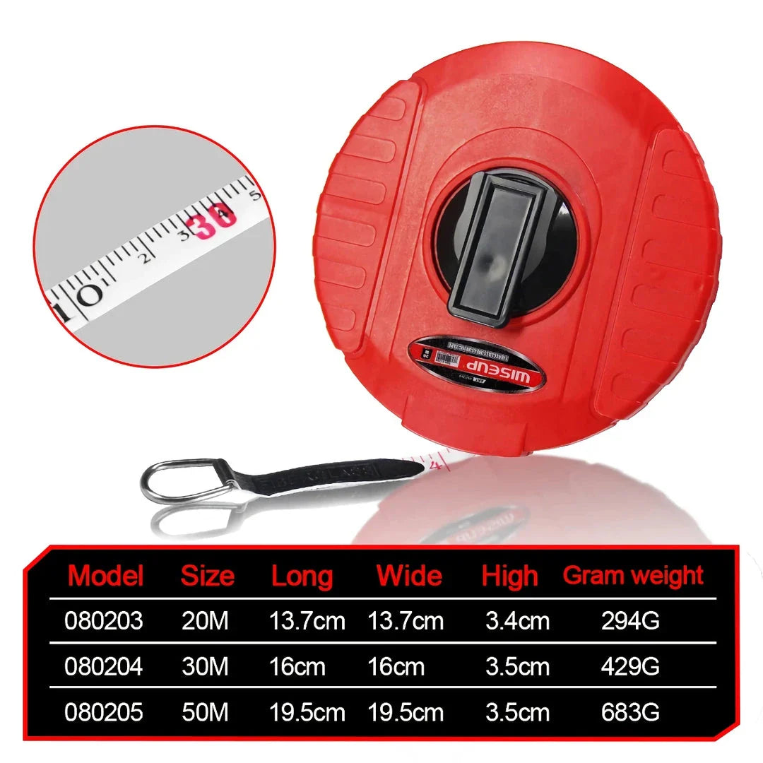 Heavy-duty fiberglass tape measure with double-sided printing and smooth manual crank for precise measurements in woodworking and construction projects