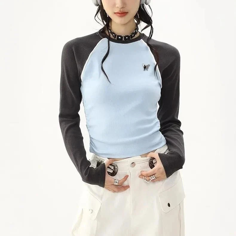 Chic Retro Patchwork Ribbed T-Shirt for Women in Blue, featuring a unique patchwork pattern and a comfortable, stylish design.