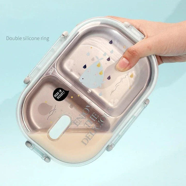 A pink stainless steel lunch box with a 650ml capacity, perfect for active kids on the go.