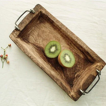 Rectangular wooden serving trays with copper accents in three sizes - small, medium, and large