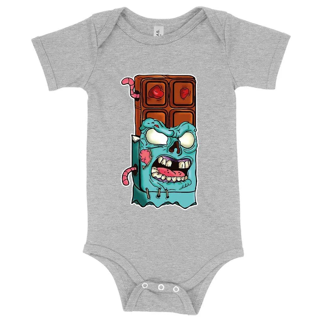 Soft and comfortable baby chocolate zombie onesie with envelope neckline and snap leg closure, made with premium Airlume cotton blend fabric in the USA