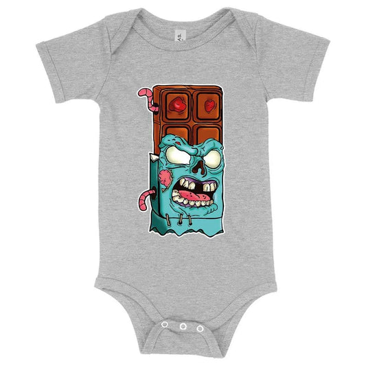 Soft and comfortable baby chocolate zombie onesie with envelope neckline and snap leg closure, made with premium Airlume cotton blend fabric in the USA
