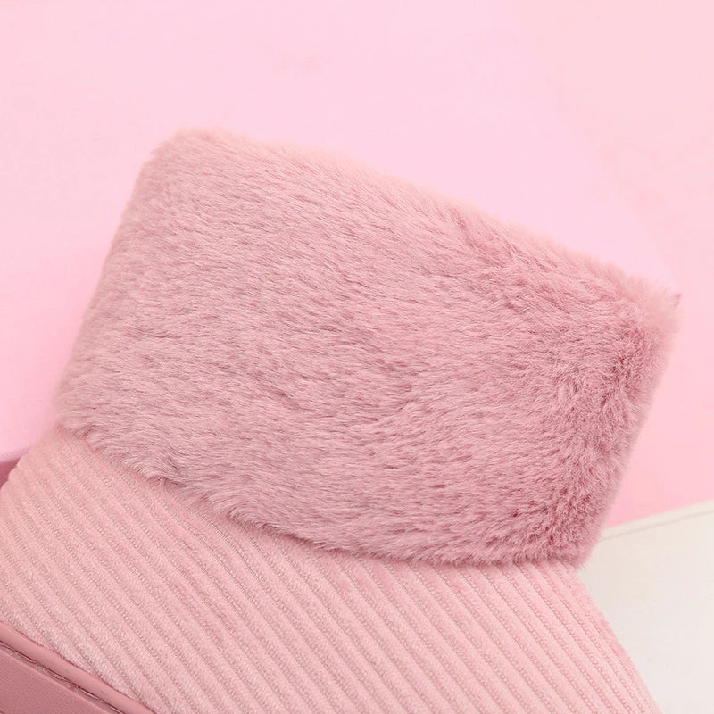 Cozy and durable plush snow boots in various colors, featuring a soft corduroy upper and reliable TPR sole for winter adventures.