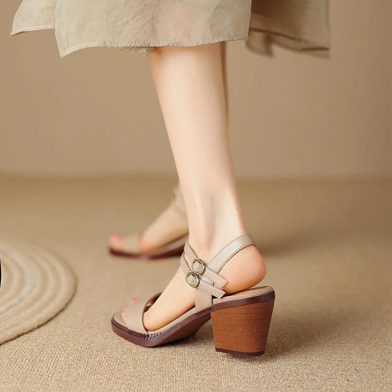 Elegant retro high heel leather sandals in khaki color with a sleek magic strap closure for a customized fit