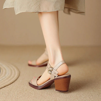 Elegant retro high heel leather sandals in khaki color with a sleek magic strap closure for a customized fit