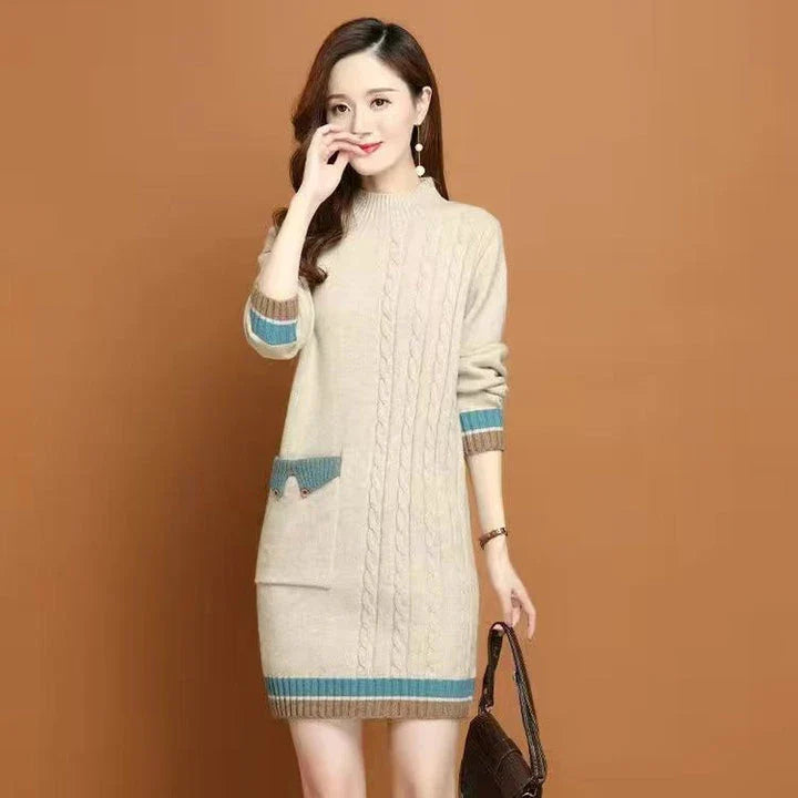 A mid-length knit dress with a cozy half-turtleneck, made of soft polyester fabric for all-day comfort and style.