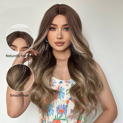 Luxurious gradient gray and brown long curly wig made with domestic silk fibers, suitable for any face shape and skin tone