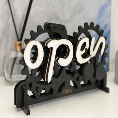 Rustic wooden open/closed sign with manual gear mechanism, suitable for home, office, or retail use