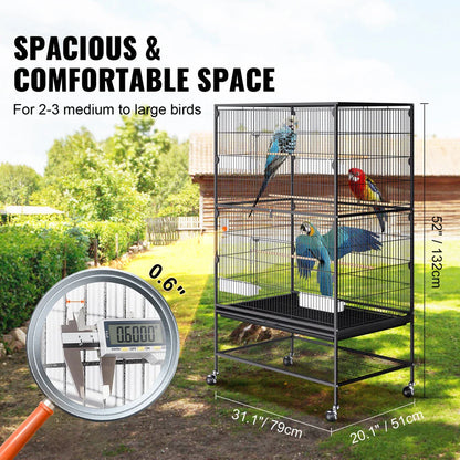 A large, spacious bird cage made of premium carbon steel, featuring smooth-rolling wheels and a removable slide-out tray for easy cleaning.