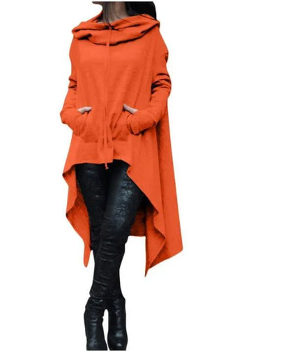 A cozy, loose-fit hooded sweatshirt in a stylish dark grey color, perfect for staying warm and comfortable during the fall and winter seasons.