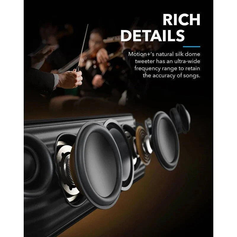 30W Hi-Res Motion+ Bluetooth Speaker with extended bass, treble, and wireless stereo pairing capabilities