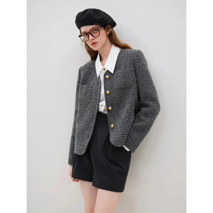 Sophisticated women's winter wool tweed jacket with stylish v-neck collar and single-breasted closure for a classic French look