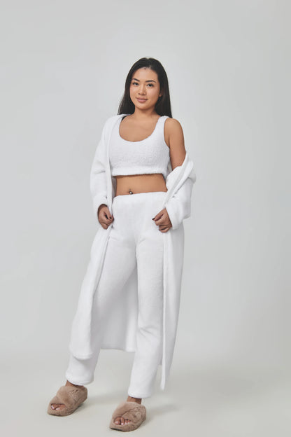 Cozy 3-piece loungewear set in pastel colors including crop top, wide-leg pants, and matching cardigan