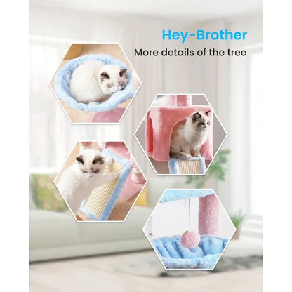 A multi-level cat tree tower with padded beds, hammocks, and sisal-wrapped scratching posts for indoor cats to play, rest, and scratch