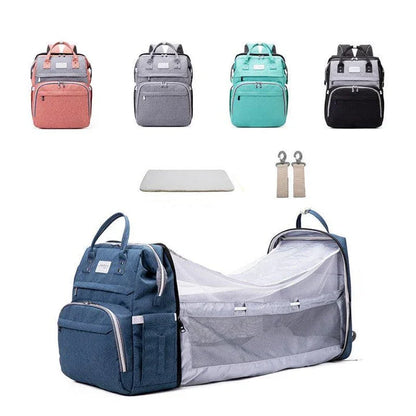 Multifunctional maternity diaper backpack with detachable crib, large capacity, and water-resistant design for travel