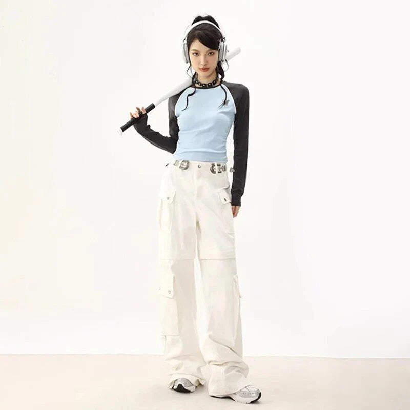 Chic Retro Patchwork Ribbed T-Shirt for Women in Blue, featuring a unique patchwork pattern and a comfortable, stylish design.