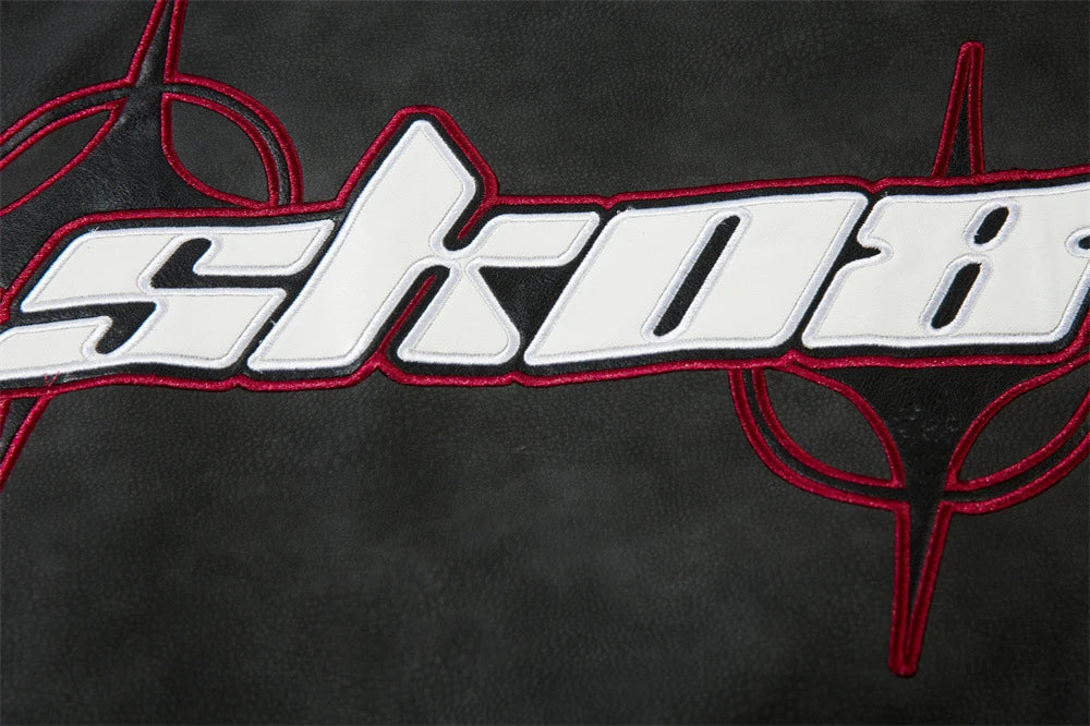 Fashionable Loose PU Leather Jacket with Star Embroidery Design in Black and Gray Green Colors