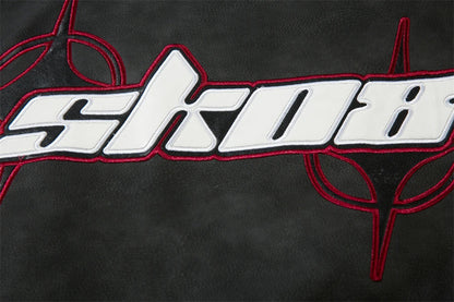 Fashionable Loose PU Leather Jacket with Star Embroidery Design in Black and Gray Green Colors