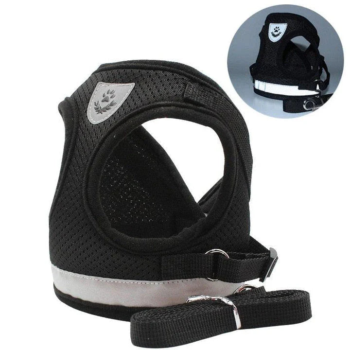 Reflective and breathable pet harness in blue color with adjustable straps and mesh design for safety and comfort