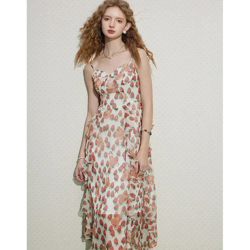 Elegant French floral midi dress with V-neck and spaghetti straps for a sophisticated, versatile look