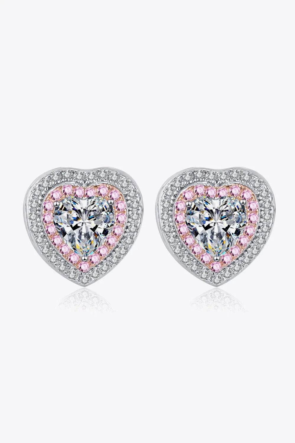Elegant silver moissanite heart-shaped stud earrings with sparkling zircon accents